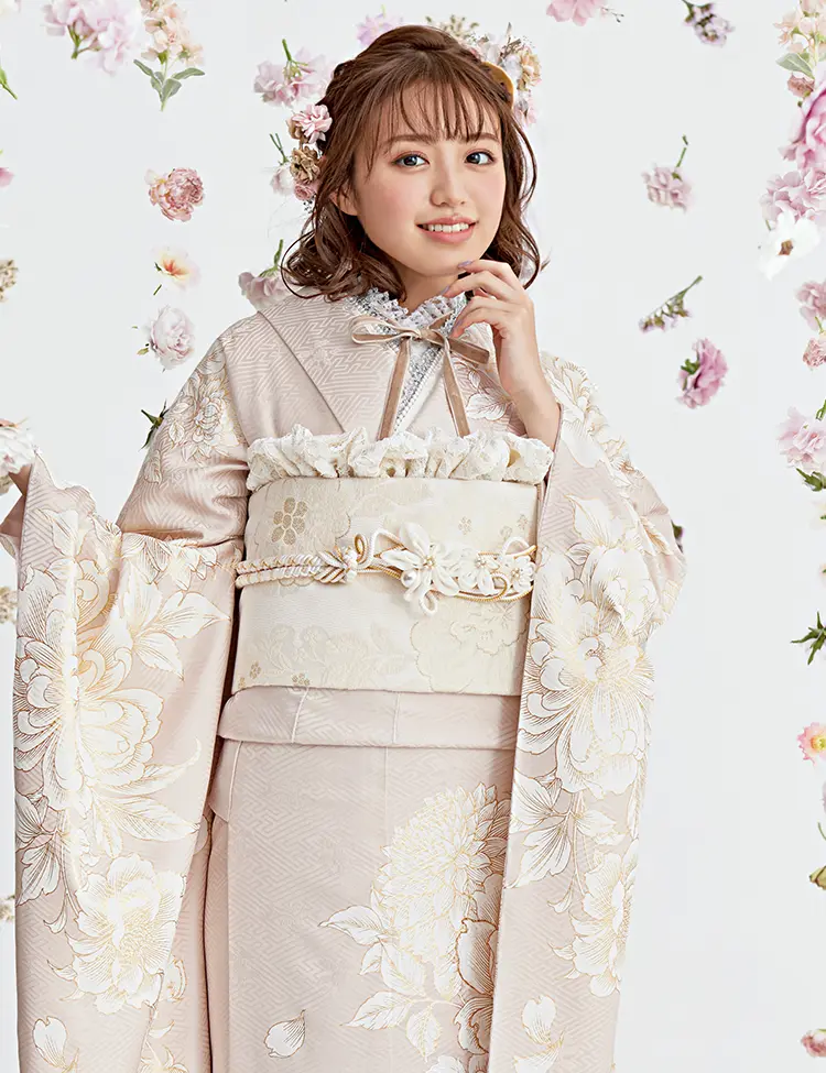 オンラインショップ 華やかな振袖 クリーム色 花柄 ベ－ジュ振袖 上品 くすみカラ 着物・浴衣