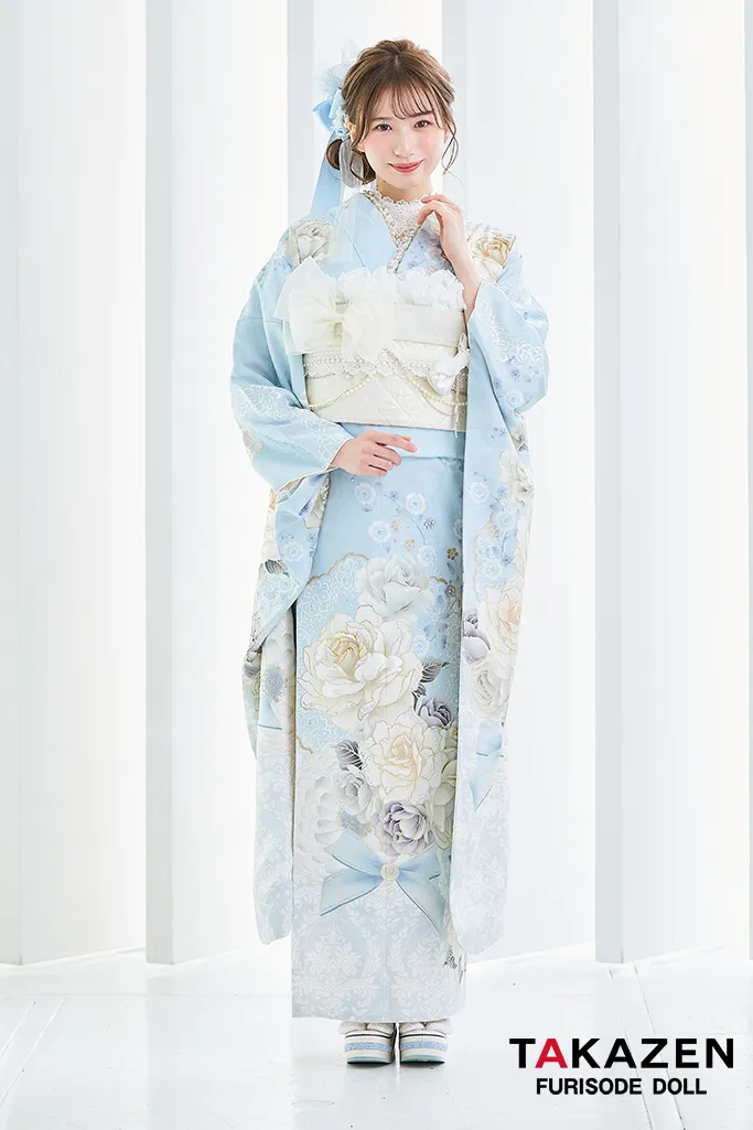 ヘップバーンコスメカラー振袖ネットレンタル　水色/白/ミスティブルー　バラ柄/ブーケ柄　かわいい　エレガント　リボン　キラキラ　おしゃれ　白宮みずほ　25003