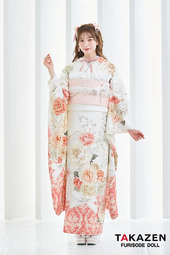 ヘップバーンコスメカラー　白/ピンク/ピーチ　バラ柄/ブーケ柄　あざとかわいい　ガーリー　リボン　キラキラ　フェミニン　振袖ネットレンタル　白宮みずほ　25006
