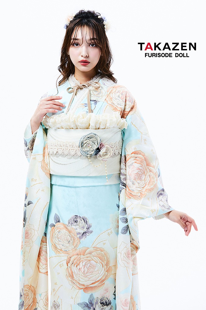 ヘップバーン　ブルー(水色)/ベージュ　かわいいバラ柄/リボン柄　スワロフスキー付き　キラキラ　人気　おしゃれ振袖　香川るな　22005