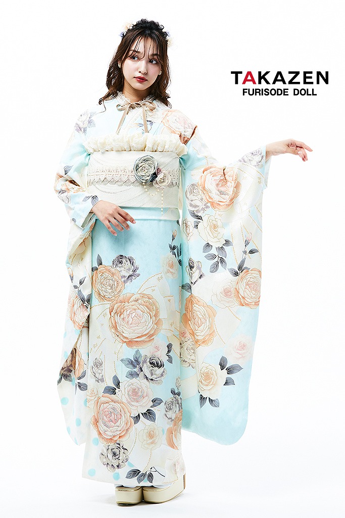 ヘップバーン　ブルー(水色)/ベージュ　かわいいバラ柄/リボン柄　スワロフスキー付き　キラキラ　人気　おしゃれ振袖　香川るな　22005