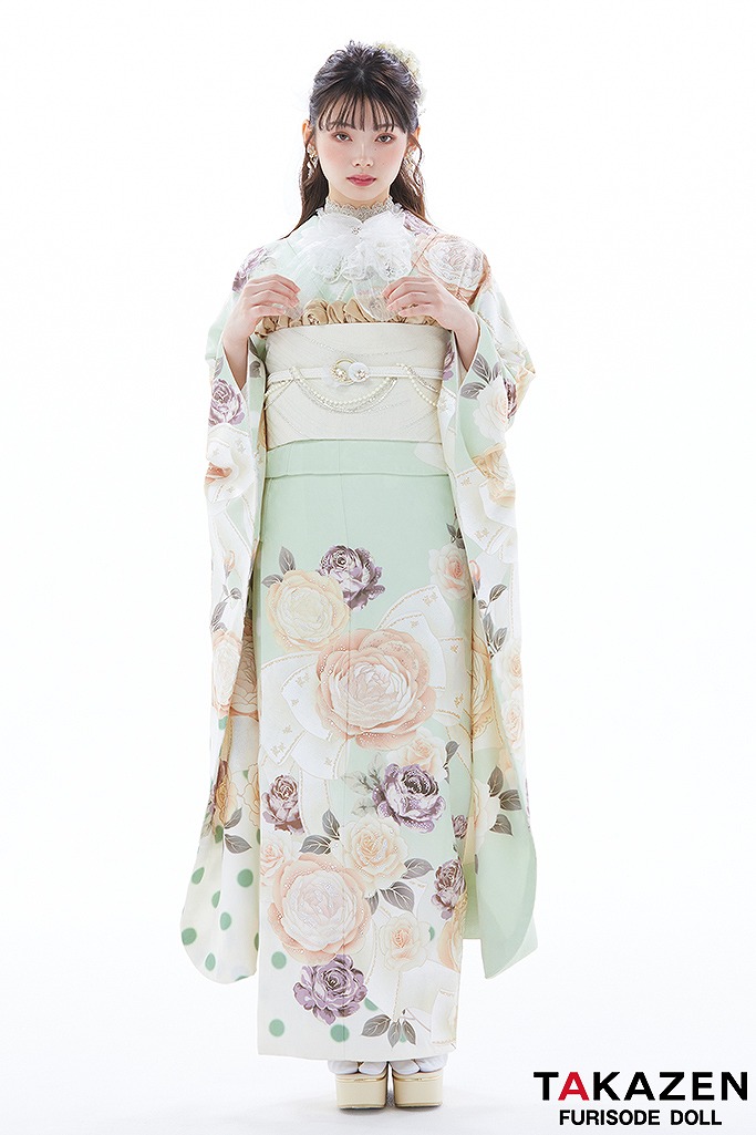 ヘップバーン　ミントグリーン/淡い色/くすみ系　薔薇柄/リボン柄　かわいい　人とかぶらない　おしゃれ　南琴奈　23033