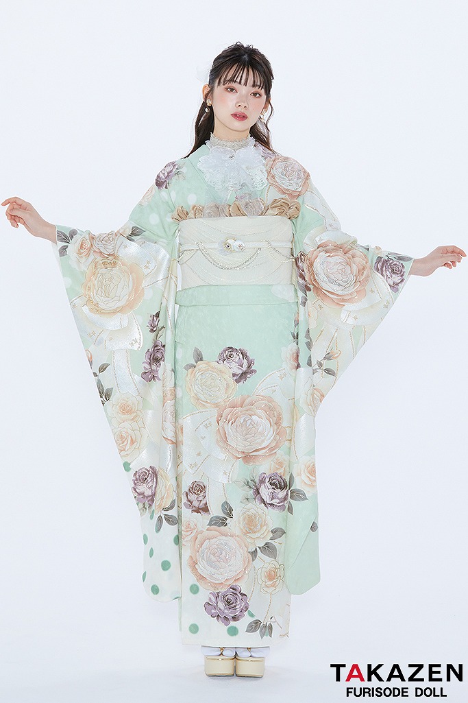 ヘップバーン　ミントグリーン/淡い色/くすみ系　薔薇柄/リボン柄　かわいい　人とかぶらない　おしゃれ　南琴奈　23033