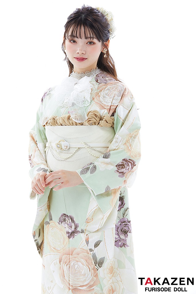 ヘップバーン　ミントグリーン/淡い色/くすみ系　薔薇柄/リボン柄　かわいい　人とかぶらない　おしゃれ　南琴奈　23033