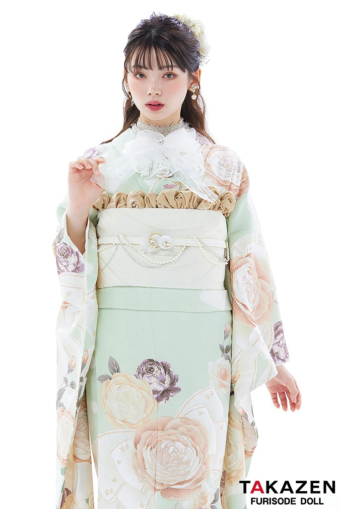 ヘップバーン　ミントグリーン/淡い色/くすみ系　薔薇柄/リボン柄　かわいい　人とかぶらない　おしゃれ　南琴奈　23033