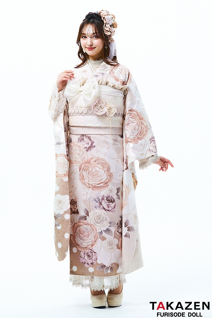 ヘップバーン　ベージュ/淡色/くすみ　バラ柄/リボン柄　エレガント　お洒落　スワロフスキー付き　かわいい　レースインナーコーデ　香川るな 23034