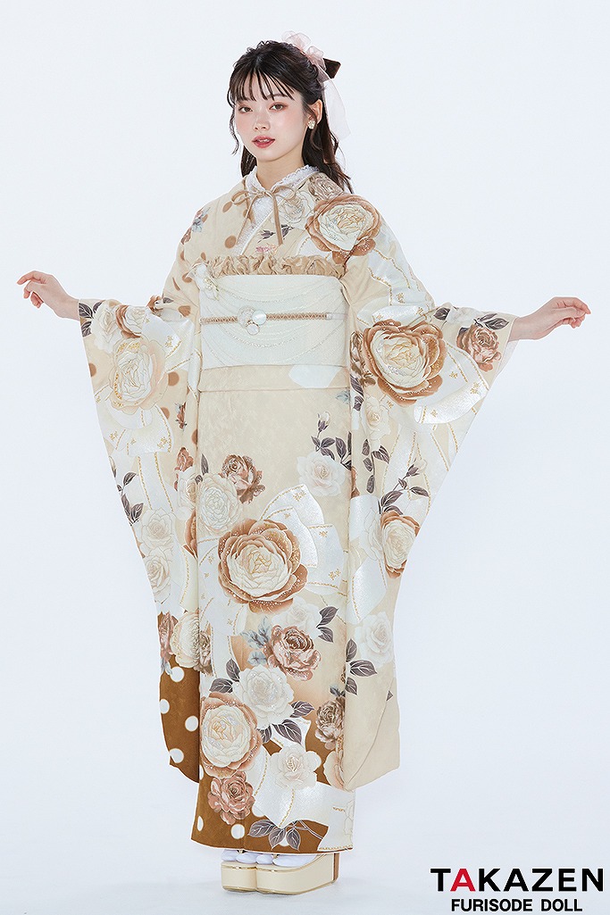 ヘップバーン　ブラウンベージュ/淡色/くすみ　セレブ　バラ柄/リボン柄　スワロフスキー付き　かわいい振袖　南琴奈 23037