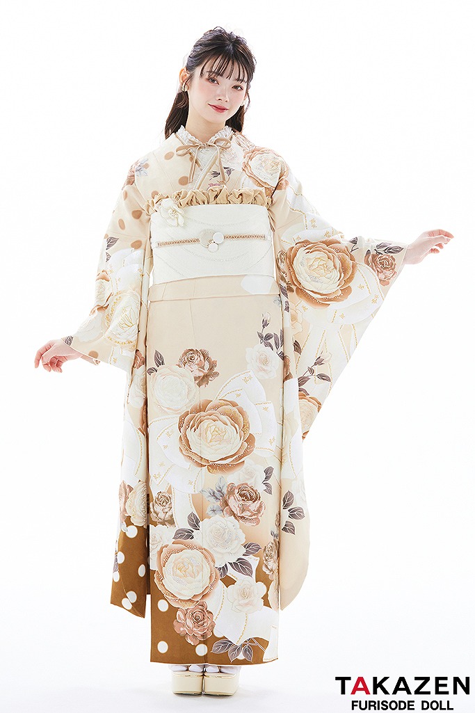 ヘップバーン　ブラウンベージュ/淡色/くすみ　セレブ　バラ柄/リボン柄　スワロフスキー付き　かわいい振袖　南琴奈 23037