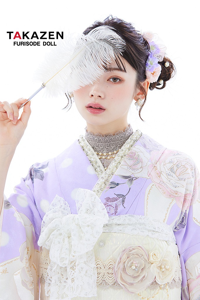 ヘップバーンシャネルカラー　薄紫/ピンク　おしゃれな振袖　バラ/リボン柄　スワロフスキー付き　セレブ　エレガント　南琴奈　24007