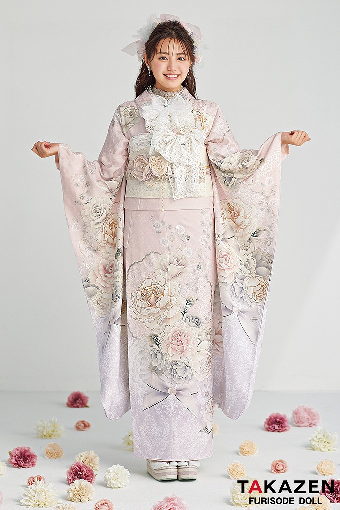 ヘップバーンコスメカラー　ミスティピンク/淡い色　バラ柄/ブーケ柄　フェミニン　かわいい　リボン　キラキラ　香音ちゃん着用振袖ネットレンタル　25001