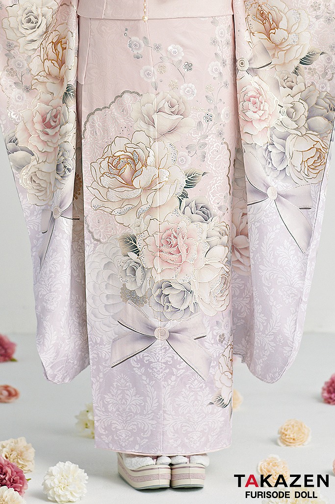 ヘップバーンコスメカラー　ミスティピンク/淡い色　バラ柄/ブーケ柄　フェミニン　かわいい　リボン　キラキラ　香音ちゃん着用振袖ネットレンタル　25001