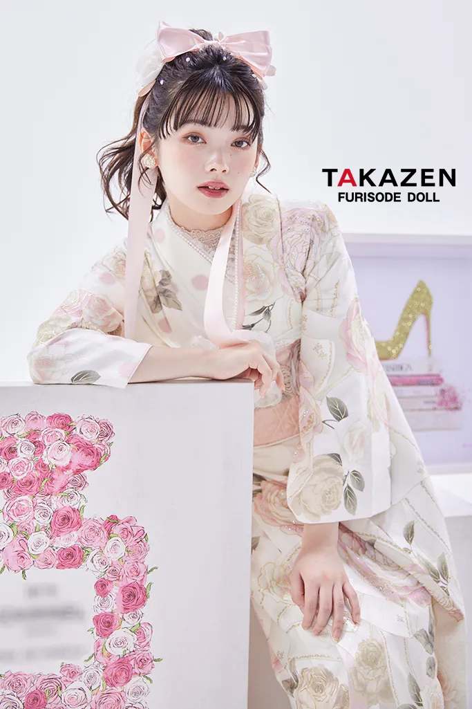 ヘップバーンシャネルカラー　白/ピンク　バラ/リボン柄　かわいい　スワロフスキー付き　レースインナー/ヒールコーデ　南琴奈　24001