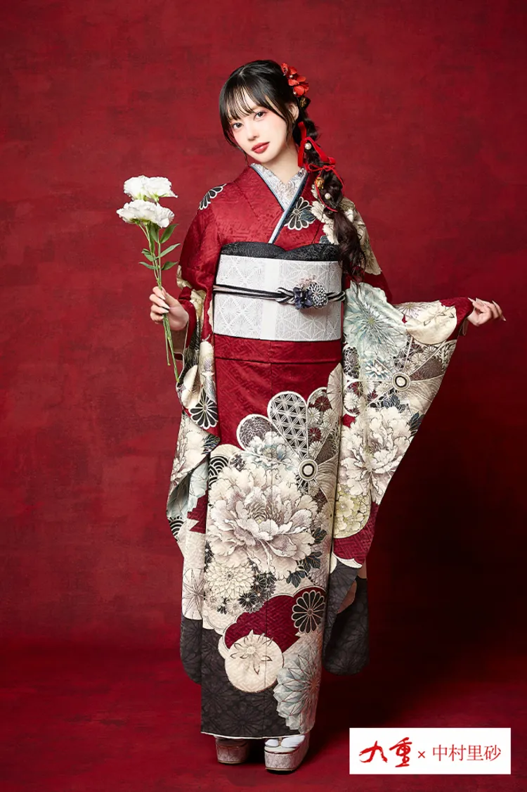 九重×中村里砂ブランド振袖ネットレンタル　古典柄　赤　大柄　華やか　目立つ　きれいめ和柄　K1292