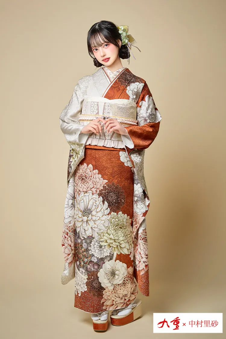 九重×中村里砂ブランド振袖ネットレンタル　オレンジ　牡丹柄　大柄　おしゃれ　人と被らない　K1296
