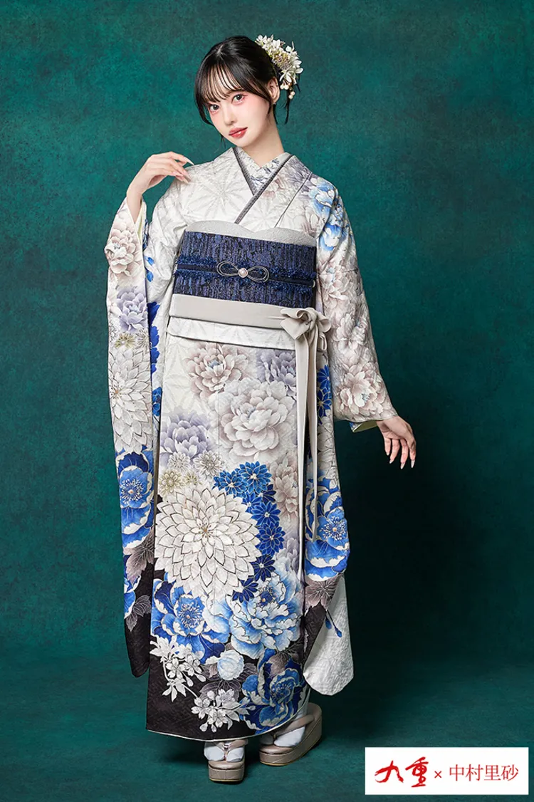 九重×中村里砂ブランド振袖ネットレンタル　白青　菊柄　大柄　きれいめ　清楚　大人っぽい　上品　古典　K1301