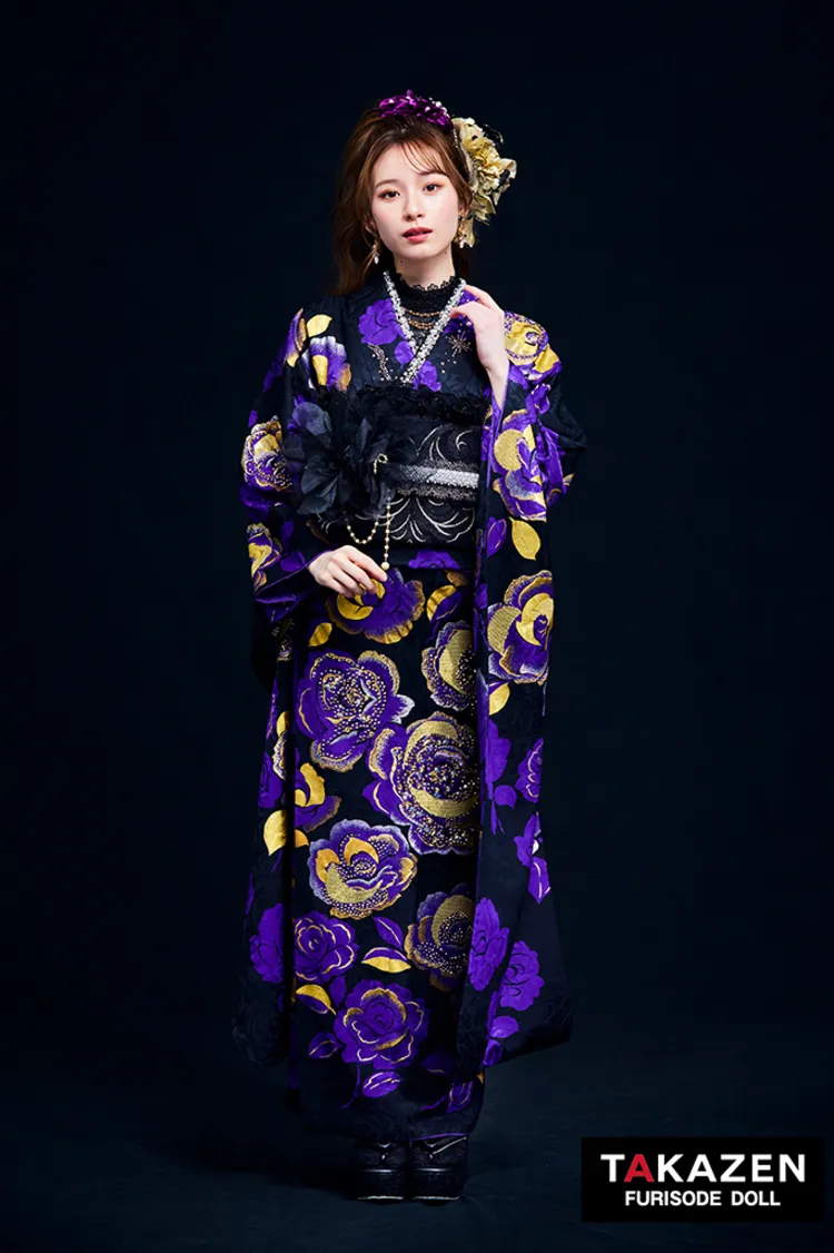 プレミアムヘップバーンローズ　紫/金/ゴールド　キラキラビジュー付き　高級　派手　目立つ振袖ネットレンタル　ゴージャス　セレブ　白宮みずほ　32029