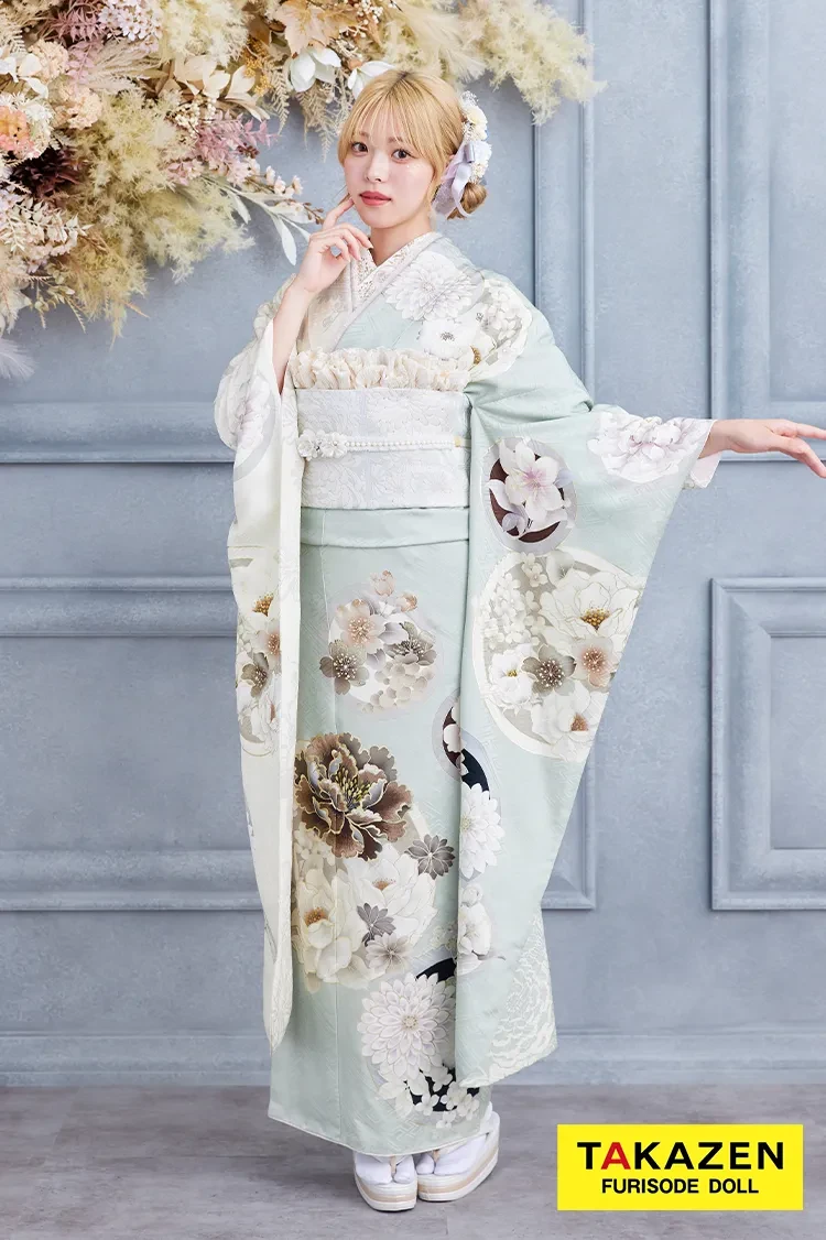 くすみカラー古典　ミントグリーン/淡色　牡丹柄　大人っぽい　淡い色　綺麗　清楚　玉城ティナ×紅一点振袖　24072
