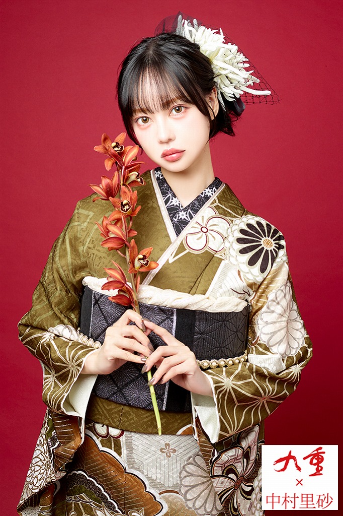 九重×中村里砂振袖ネットレンタル　金茶/からし色　乱菊柄/ねじり梅柄　おしゃれ　流行　大人っぽい　人とかぶらない　K1166