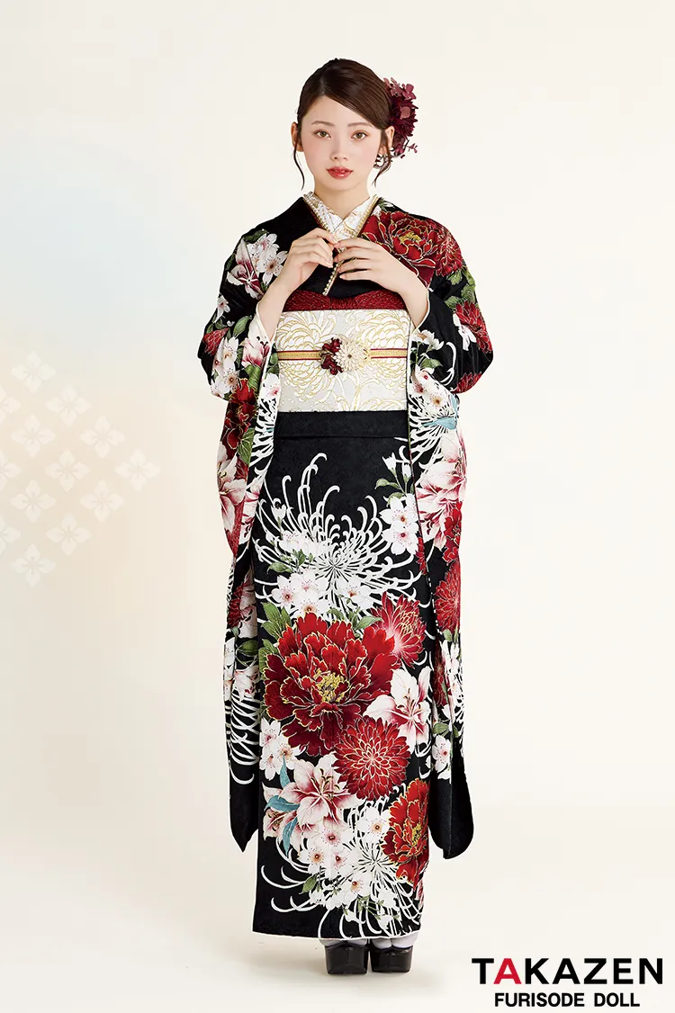 最新作正統派古典　黒/赤　乱菊柄　かっこいい　大人っぽい　Kamishibai Story of anoブランド振袖　きれいめ振袖ネットレンタル　南琴奈　27025