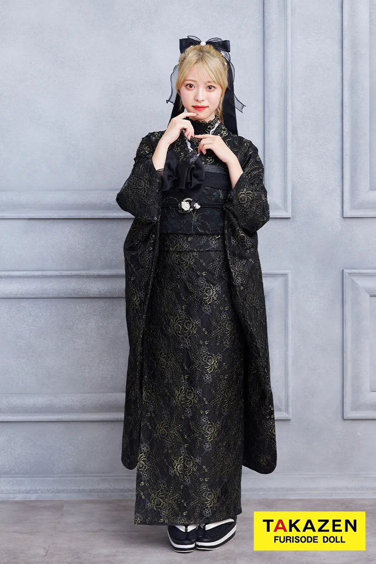 格安！ヴィンテージスタイル　黒/ブラック　総レース　おしゃれ振袖　ブーツスタイル　レース小物コーデ振袖ネットレンタル　23013