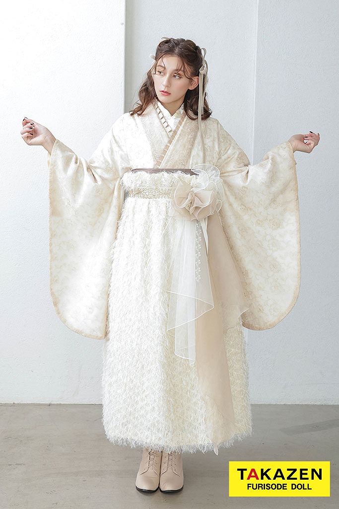 くすみカラーガーリー　白/淡い色　シャギー素材　ドレス袴　おしゃれ　レース　ブーツスタイル　お嬢様コーデ　フレンチガーリー袴ネットレンタル　R26020