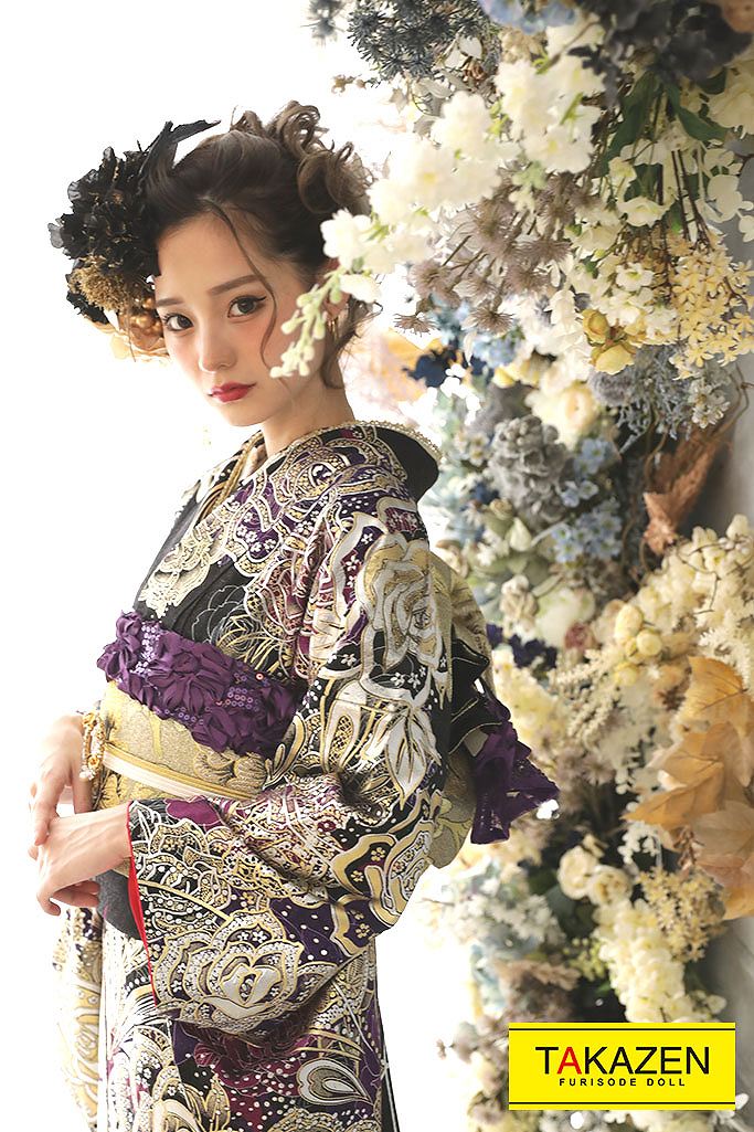グラマラス系モード　紫/シルバー(銀色)　薔薇柄　派手　かっこいい振袖ネットレンタル　一番目立つ　ゴージャス　みうちゃん　G29