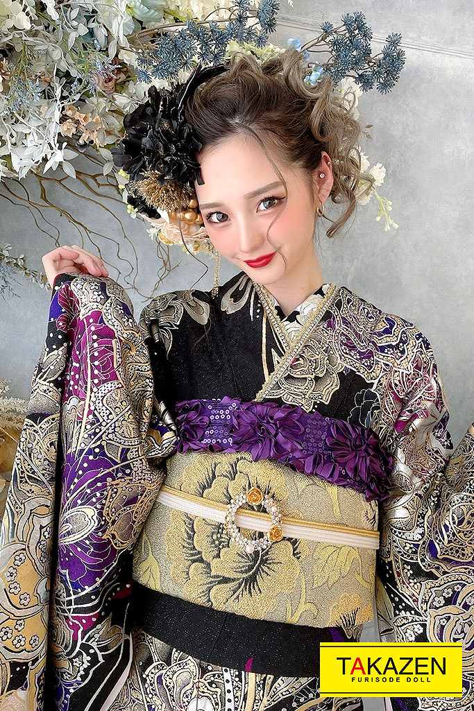 グラマラス系モード　紫/シルバー(銀色)　薔薇柄　派手　かっこいい振袖ネットレンタル　一番目立つ　ゴージャス　みうちゃん　G29