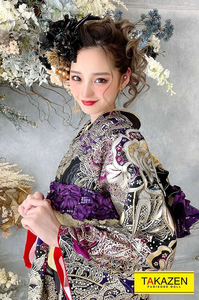 グラマラス系モード　紫/シルバー(銀色)　薔薇柄　派手　かっこいい振袖ネットレンタル　一番目立つ　ゴージャス　みうちゃん　G29