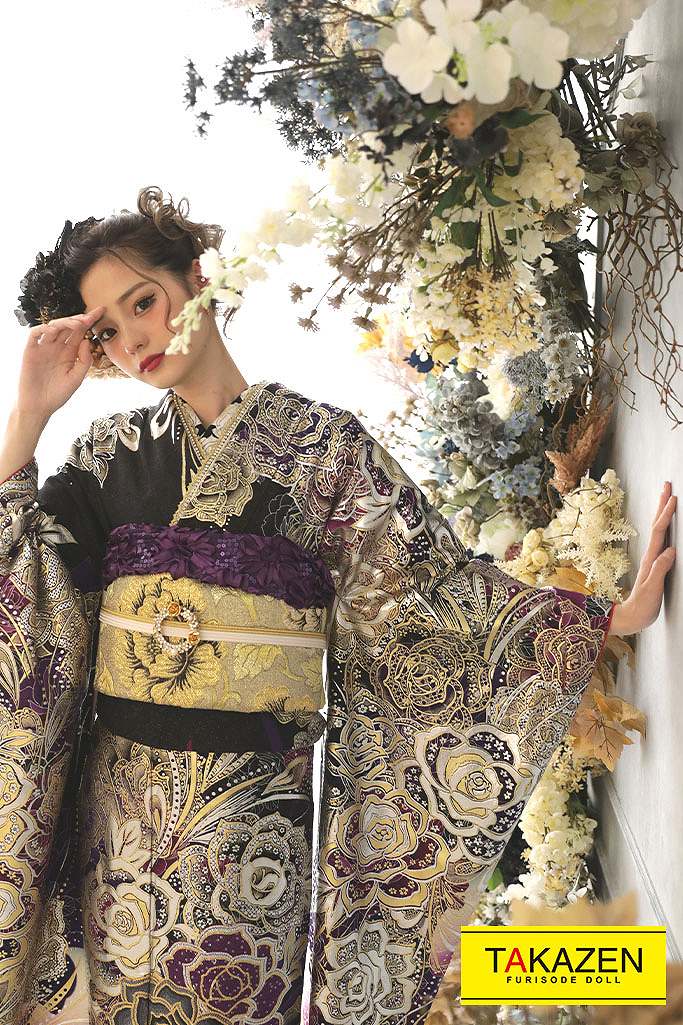 グラマラス系モード　紫/シルバー(銀色)　薔薇柄　派手　かっこいい振袖ネットレンタル　一番目立つ　ゴージャス　みうちゃん　G29