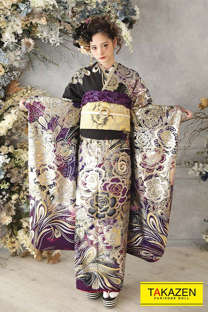グラマラス系モード　紫/シルバー(銀色)　薔薇柄　派手　かっこいい振袖ネットレンタル　一番目立つ　ゴージャス　みうちゃん　G29