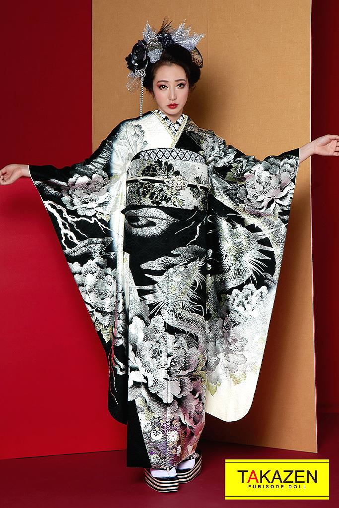 1番人気渋い花魁風ジャパンモード 派手本物龍柄 黒 シルバー 銀色 全国対応 振袖通販レンタルならフリソデドール By Takazen 成人式振り袖 卒業式袴レンタルno 1