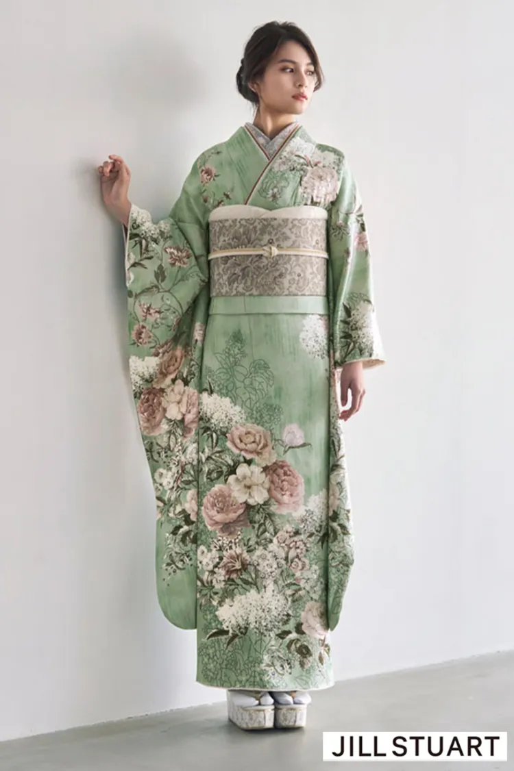 JILL STUARTブランド振袖ネットレンタル　ミントグリーン　柄小さめ　おしゃれ　かわいい　低身長さんにおすすめ　K1314