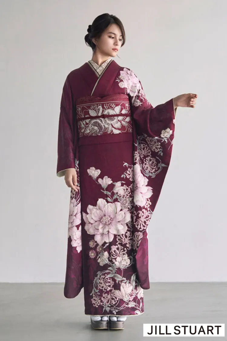 JILL STUARTブランド振袖ネットレンタル　ワインレッド　洋風　ヴィンテージスタイル　おしゃれ　被らない　K1319