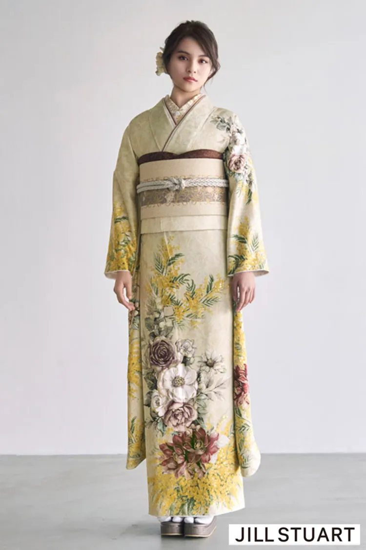 JILL STUARTブランド振袖ネットレンタル　ベージュ/イエロー　ヴィンテージスタイル　かわいい　洋風　珍しい　K1322