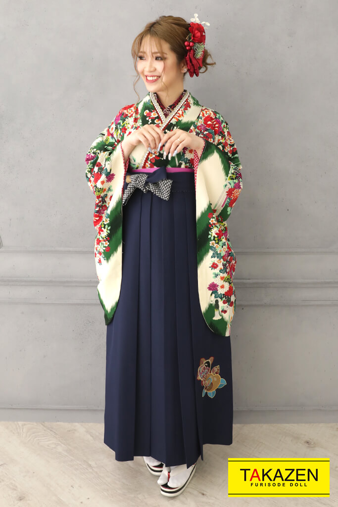 レトロ古典　白/赤/グリーン(緑色)　小花柄/小花柄　柄小さめ　かわいい　おしゃれ袴ネットレンタル　R32018