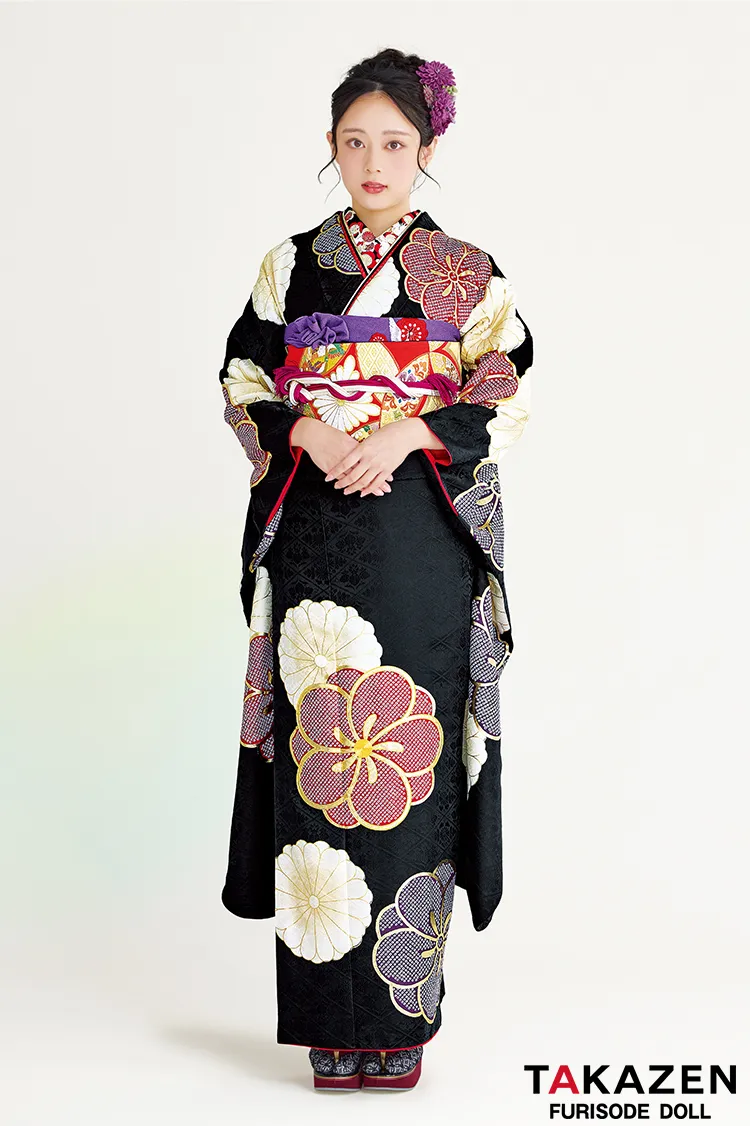正統派古典　黒/赤/紫　ねじり梅柄/すっきり柄　シンプル　絞り風　シック　大人っぽい　柄大きめ振袖ネットレンタル　佐藤不二子　24048