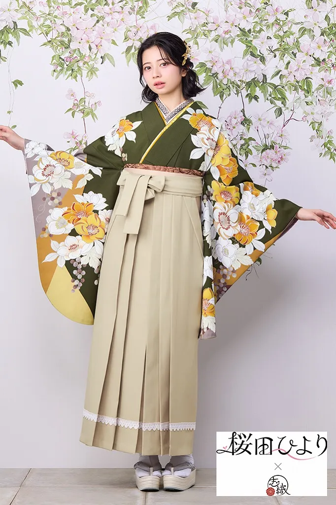 桜田ひより×志織ブランド袴ネットレンタル　カーキ/黄色　古典柄　おしとやか　清楚　上品　古風な着こなし　R26013