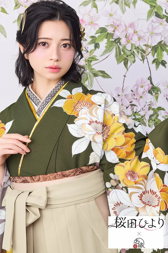 桜田ひより×志織ブランド袴ネットレンタル　カーキ/黄色　古典柄　おしとやか　清楚　上品　古風な着こなし　R26013