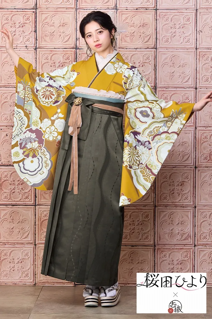 桜田ひより×志織ブランド袴ネットレンタル　からし/マスタード　古典柄　おしとやか　清楚　上品　大人っぽい着こなし　R26014