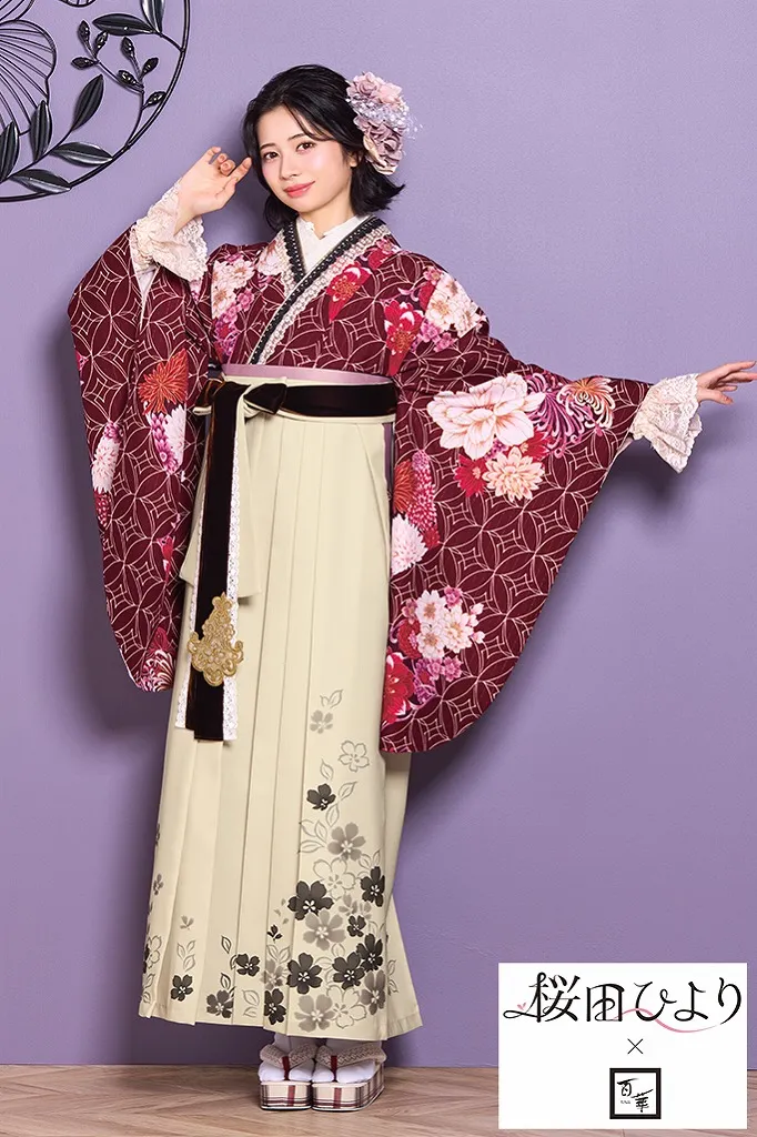 桜田ひより×志織ブランド袴ネットレンタル　エンジ/ワインレッド　七宝柄/古典柄　華やか　上品　かわいい　R26015