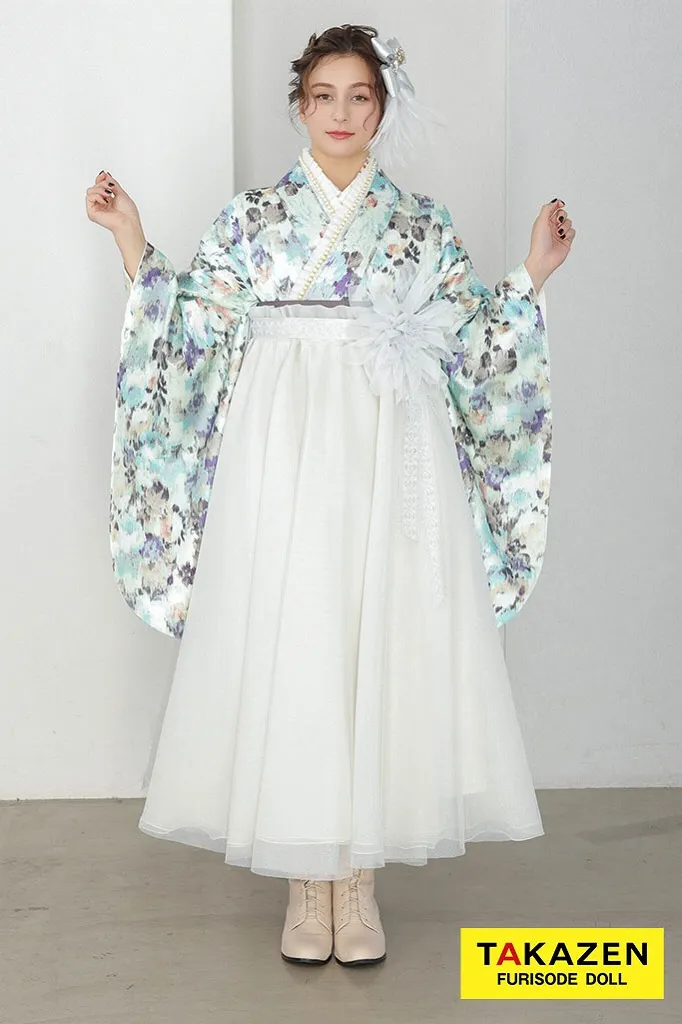 くすみカラーガーリー　水色/淡い色　チュール素材　ドレス袴　かわいい　フェミニン　ブーツスタイル　お嬢様コーデ　珍しい袴ｖネットレンタル　R26018