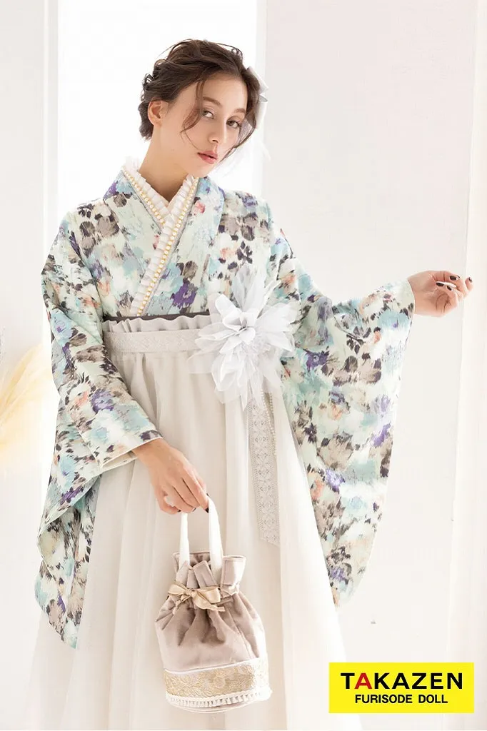 くすみカラーガーリー　水色/淡い色　チュール素材　ドレス袴　かわいい　フェミニン　ブーツスタイル　お嬢様コーデ　珍しい袴ｖネットレンタル　R26018