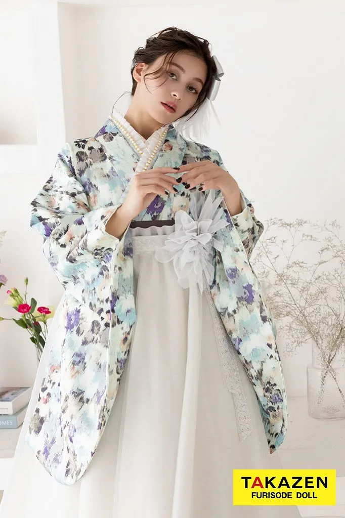 くすみカラーガーリー　水色/淡い色　チュール素材　ドレス袴　かわいい　フェミニン　ブーツスタイル　お嬢様コーデ　珍しい袴ｖネットレンタル　R26018