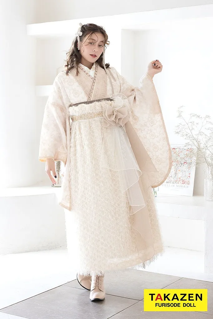 くすみカラーガーリー　白/淡い色　シャギー素材　ドレス袴　おしゃれ　レース　ブーツスタイル　お嬢様コーデ　フレンチガーリー袴ネットレンタル　R26020