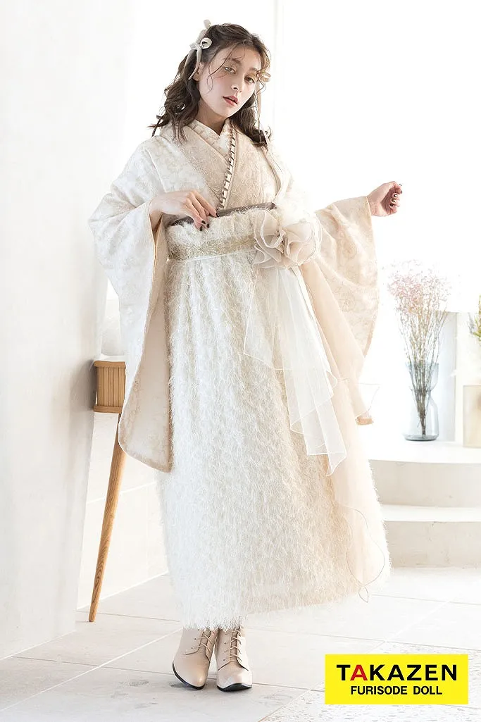 くすみカラーガーリー　白/淡い色　シャギー素材　ドレス袴　おしゃれ　レース　ブーツスタイル　お嬢様コーデ　フレンチガーリー袴ネットレンタル　R26020