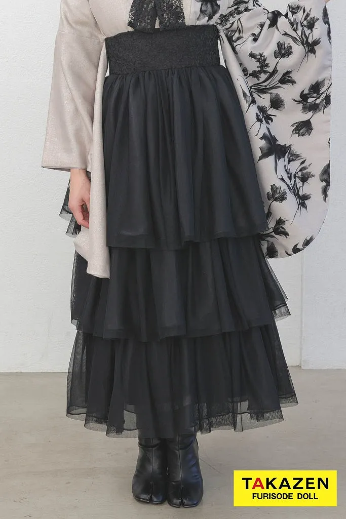 ヴィンテージスタイル　ベージュ/黒　フロッキー素材　ドレス袴　フリル　おしゃれ　人とかぶらない　ブーツコーデ　個性的袴ネットレンタル　R26021