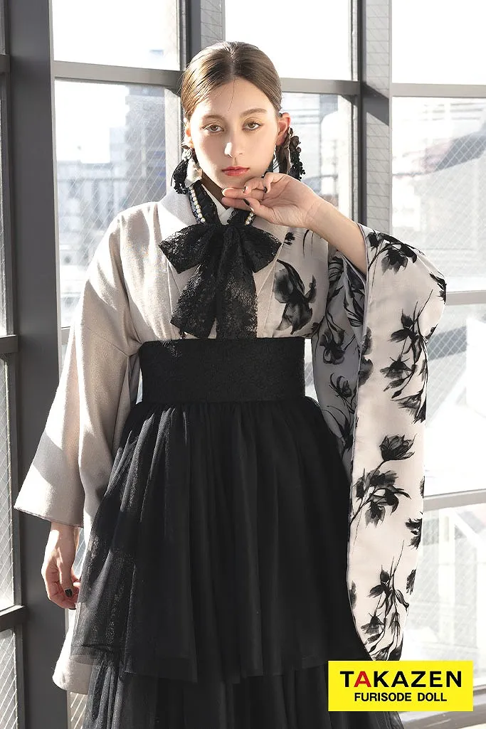 ヴィンテージスタイル　ベージュ/黒　フロッキー素材　ドレス袴　フリル　おしゃれ　人とかぶらない　ブーツコーデ　個性的袴ネットレンタル　R26021