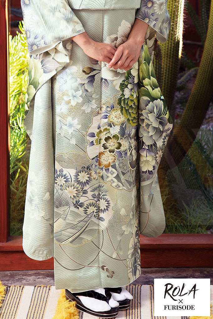 ローラ振袖ネットレンタル　くすみグリーン/淡い色　古典　はんなり　上品　古風　K434