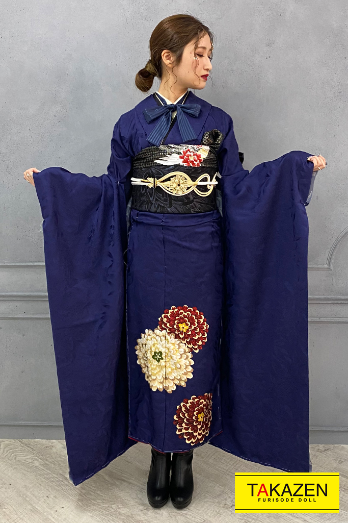 ヴィンテージスタイル　紺/ネイビー/黒　すっきり柄/菊柄　シンプル振袖ネットレンタル　大人っぽい　ブーツスタイル　　YK169