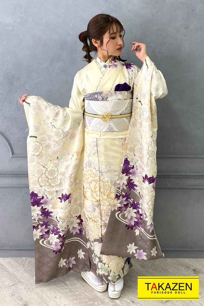 正統派古典　クリーム/黄/グレー/ダスティーカラー　ボタン柄　上品古典振袖ネットレンタル　華やか　　YK173